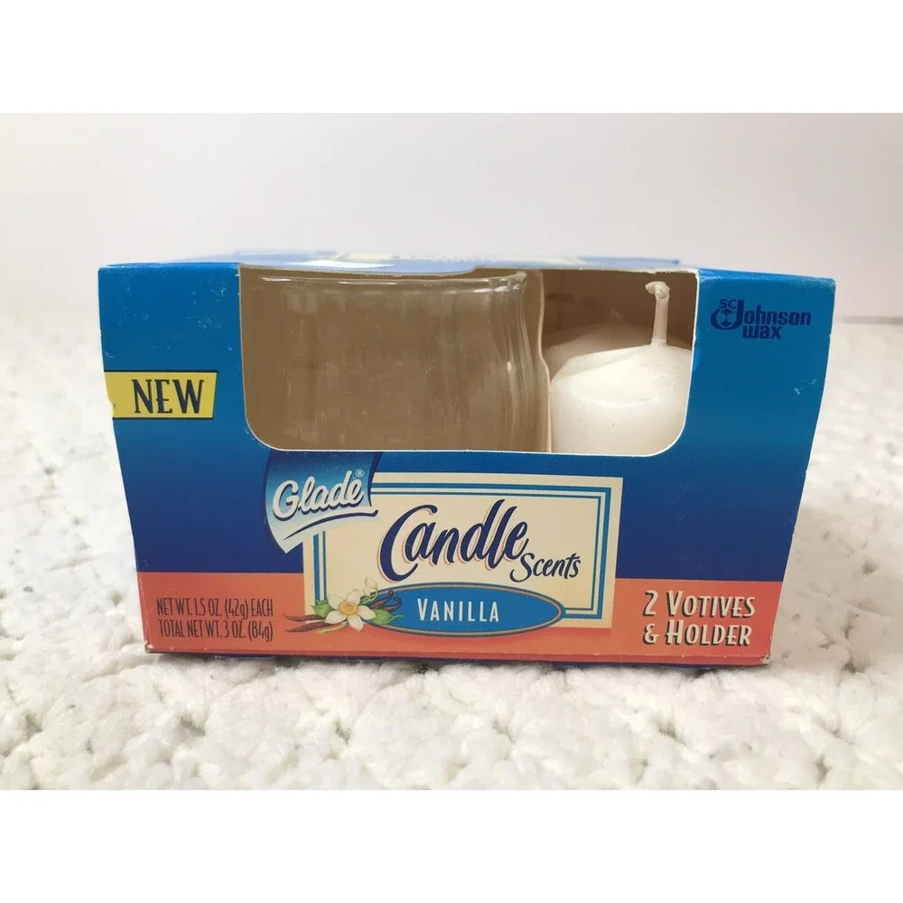 Glade Candle Scents Original Vanilla Scent Kit 2 Votives 1 Glass Holder Jar NOS